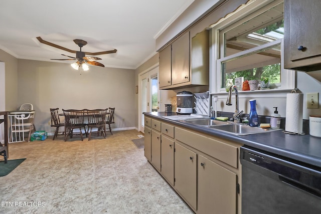 3341 Tabor Loop, Crossville, TN 38571 - kitchen with dishwasher, a sink, crown molding, a ceiling fan, and baseboards
