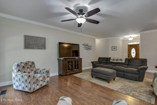 226 Oostanali Way, Loudon, TN 37774 - living area featuring ornamental molding, wood finished floors, baseboards, and a ceiling fan