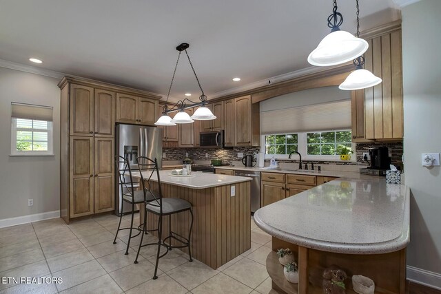 226 Oostanali Way, Loudon, TN 37774 - kitchen featuring open shelves, appliances with stainless steel finishes, a kitchen bar, tasteful backsplash, and crown molding