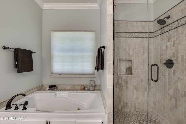 226 Oostanali Way, Loudon, TN 37774 - bathroom with a stall shower, a jetted tub, and crown molding