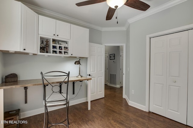 226 Oostanali Way, Loudon, TN 37774 - kitchen with a ceiling fan, white cabinets, dark wood finished floors, and ornamental molding