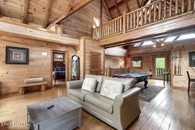 1056 Black Bear Cub Way, Sevierville, TN 37862 - recreation room featuring wooden walls, billiards table, high vaulted ceiling, hardwood / wood-style flooring, and wood ceiling with exposed beams