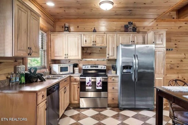 1056 Black Bear Cub Way, Sevierville, TN 37862 - kitchen featuring appliances with stainless steel finishes, a sink, wooden walls, wood ceiling, and open shelves