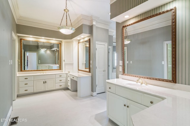920 Harbor Pointe Way, Knoxville, TN 37922 - full bath featuring crown molding, two vanities, tile patterned floors, and wallpapered walls