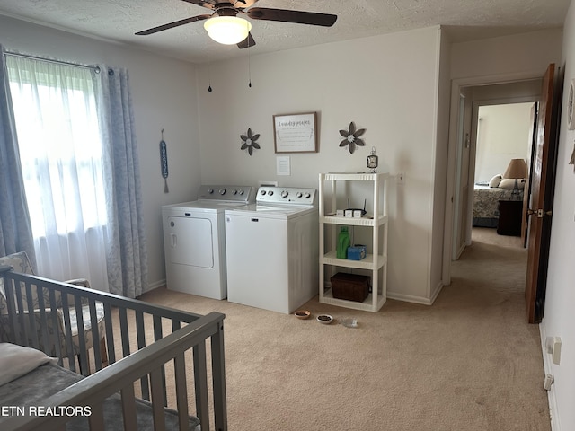 2605 Mountain View Dr, Morristown, TN 37814 - washroom featuring light colored carpet, washer and dryer, a ceiling fan, a textured ceiling, and baseboards
