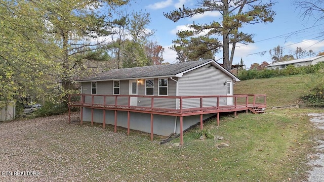 317 Hollifield Dr, Jacksboro, TN 37757 - back of house featuring a deck, a lawn, and a shingled roof