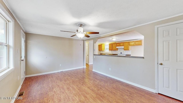 317 Hollifield Dr, Jacksboro, TN 37757 - unfurnished living room featuring ceiling fan, light wood-style floors, baseboards, and ornamental molding