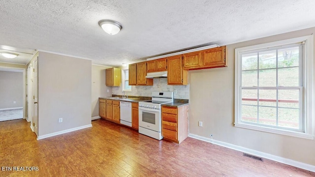 317 Hollifield Dr, Jacksboro, TN 37757 - kitchen featuring white appliances, a textured ceiling, a sink, wood finished floors, and decorative backsplash