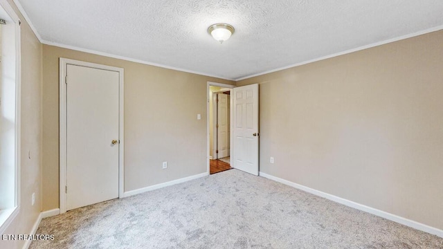 317 Hollifield Dr, Jacksboro, TN 37757 - unfurnished bedroom featuring ornamental molding, a textured ceiling, carpet, and baseboards