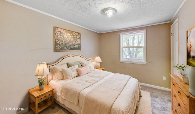 317 Hollifield Dr, Jacksboro, TN 37757 - bedroom featuring a textured ceiling, crown molding, light carpet, and baseboards