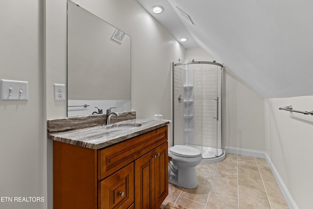 4153 Harbor View Dr, Morristown, TN 37814 - bathroom with vaulted ceiling, a stall shower, vanity, toilet, and recessed lighting