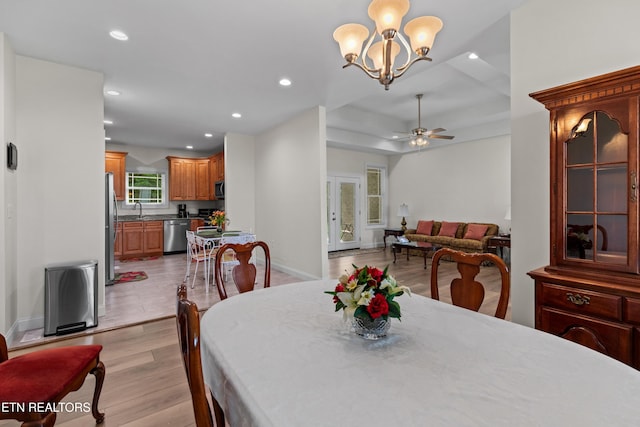 4153 Harbor View Dr, Morristown, TN 37814 - dining area with light wood-type flooring, recessed lighting, a ceiling fan, a chandelier, and baseboards