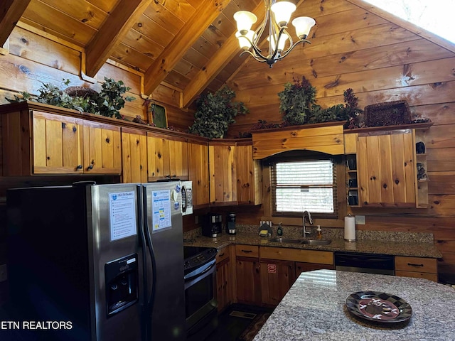 2738 Murray Ridge Rd, Sevierville, TN 37876 - kitchen featuring appliances with stainless steel finishes, a sink, wood walls, a chandelier, and wood ceiling