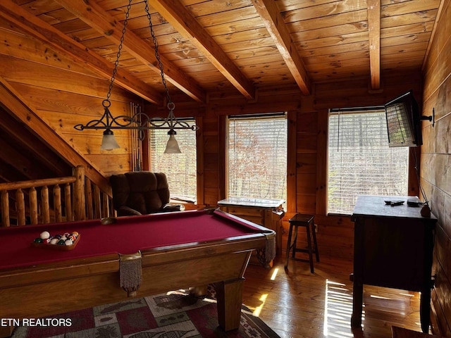 2738 Murray Ridge Rd, Sevierville, TN 37876 - game room with wooden ceiling, wooden walls, healthy amount of natural light, billiards table, and hardwood / wood-style floors