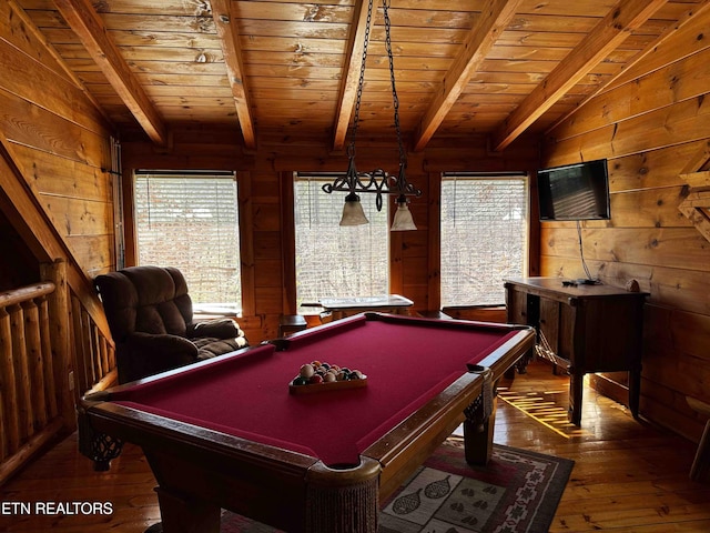 2738 Murray Ridge Rd, Sevierville, TN 37876 - rec room featuring wooden walls, hardwood / wood-style flooring, wood ceiling, and billiards table