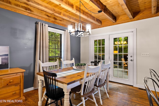 391 Laurel Rd, Townsend, TN 37882 - dining space with wood ceiling with exposed beams, a chandelier, wood finished floors, and baseboards
