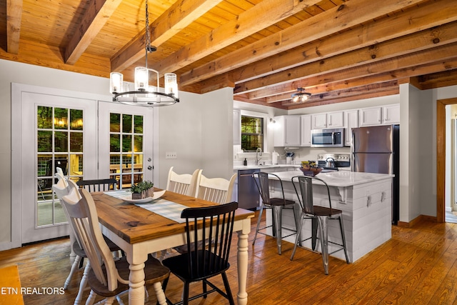 391 Laurel Rd, Townsend, TN 37882 - dining area featuring wood ceiling with exposed beams, a chandelier, dark wood finished floors, and baseboards