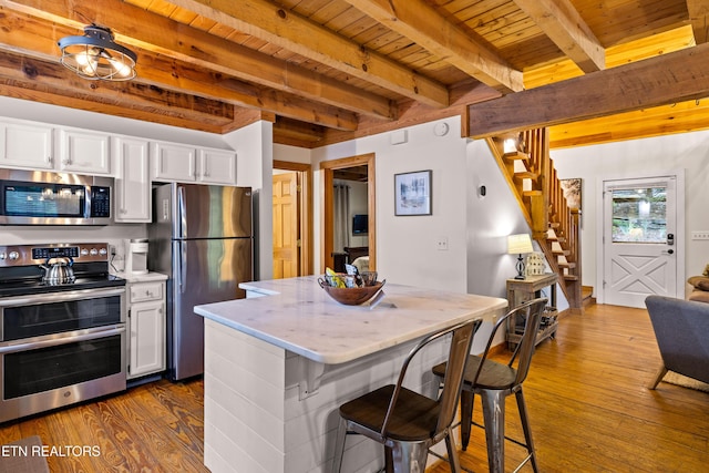 391 Laurel Rd, Townsend, TN 37882 - kitchen featuring stainless steel appliances, white cabinets, wooden ceiling with exposed beams, dark wood-type flooring, and a breakfast bar area