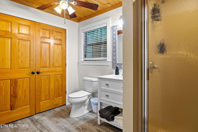 391 Laurel Rd, Townsend, TN 37882 - full bath with a ceiling fan, a shower stall, wood finished floors, wood ceiling, and vanity