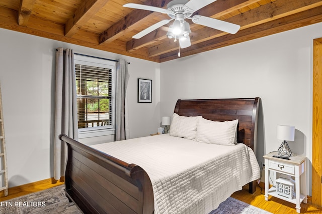391 Laurel Rd, Townsend, TN 37882 - bedroom featuring wood ceiling with exposed beams, wood finished floors, a ceiling fan, and baseboards