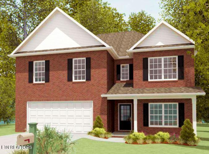 7945 Tree Line Ln, Corryton, TN 37721 - traditional-style house featuring brick siding, driveway, a garage, a front yard, and roof with shingles