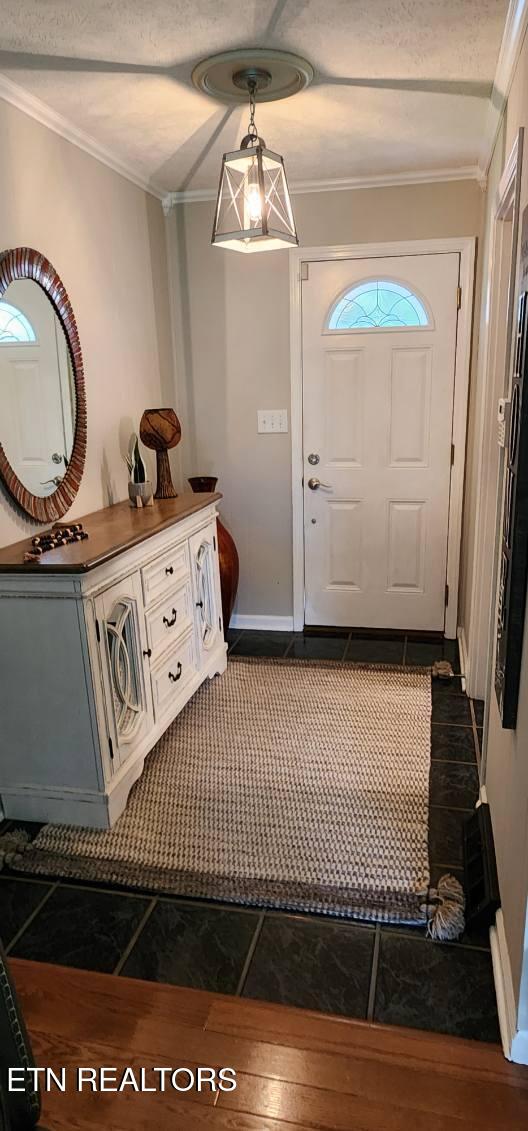 1922 Chaney Ridge Rd, London, KY 40741 - entryway with ornamental molding, baseboards, and dark wood-type flooring