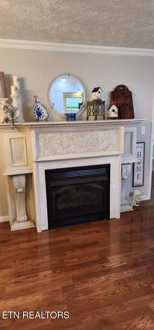 1922 Chaney Ridge Rd, London, KY 40741 - detailed view of a fireplace, a textured ceiling, ornamental molding, and wood finished floors