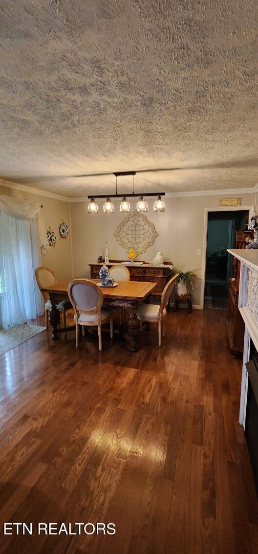1922 Chaney Ridge Rd, London, KY 40741 - dining area with crown molding, dark wood-style floors, a textured ceiling, and a fireplace