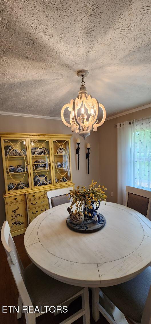 1922 Chaney Ridge Rd, London, KY 40741 - dining space with a chandelier, ornamental molding, and a textured ceiling