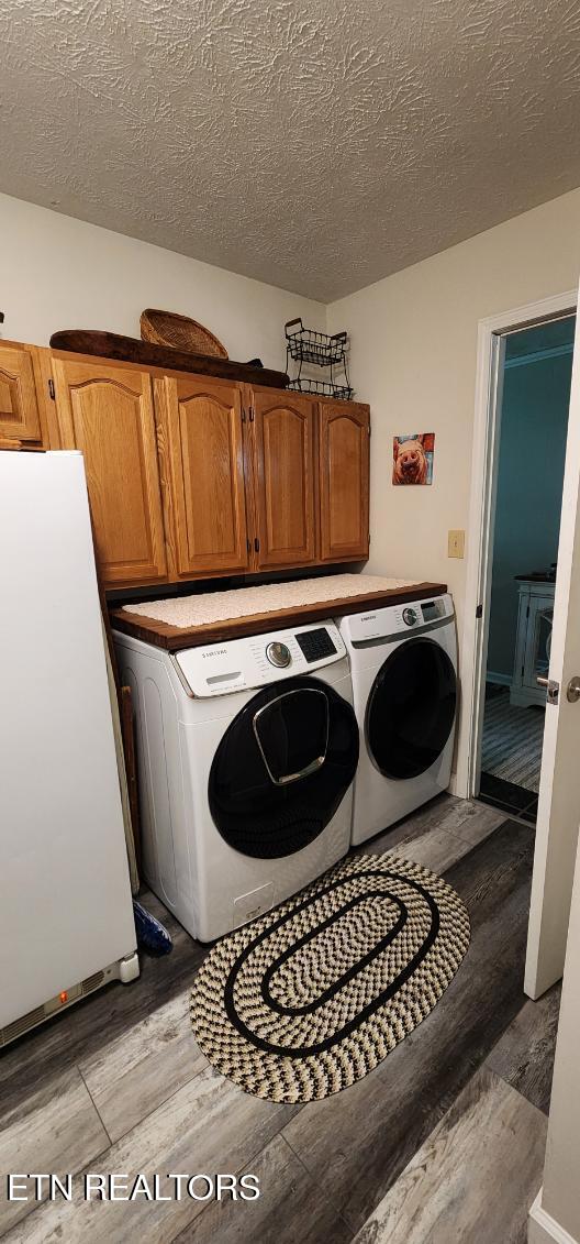 1922 Chaney Ridge Rd, London, KY 40741 - laundry area featuring cabinet space, washer and clothes dryer, light wood-type flooring, and a textured ceiling