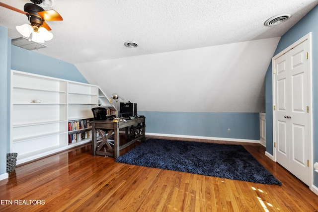 10513 River Ridge Rd, Knoxville, TN 37922 - office featuring vaulted ceiling, a textured ceiling, wood finished floors, and a ceiling fan