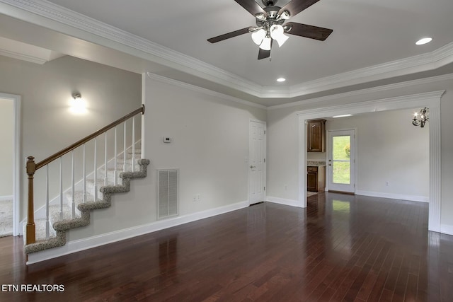 430 Willow Springs Dr, Athens, TN 37303 - unfurnished living room with ceiling fan, ornamental molding, wood finished floors, stairway, and baseboards