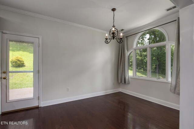 430 Willow Springs Dr, Athens, TN 37303 - unfurnished dining area with a chandelier, baseboards, dark wood-style floors, and crown molding