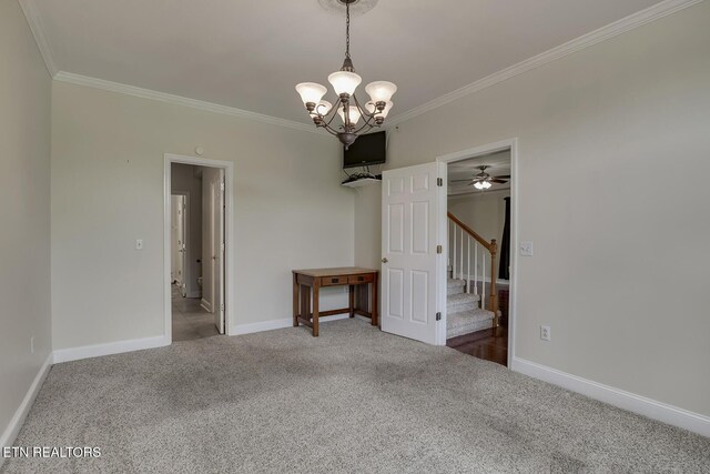 430 Willow Springs Dr, Athens, TN 37303 - carpeted spare room with crown molding, baseboards, stairway, a chandelier, and ceiling fan