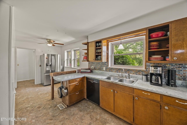 2059 Bolestown Loop, Alpine, TN 38543 - kitchen featuring dishwasher, a sink, stainless steel refrigerator with ice dispenser, open shelves, and decorative backsplash