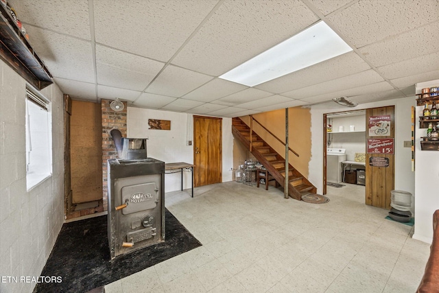 2059 Bolestown Loop, Alpine, TN 38543 - basement with washer / clothes dryer, a paneled ceiling, tile patterned floors, stairs, and concrete block wall