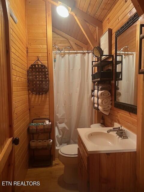 533 Valley Ridge Rd, Jamestown, TN 38556 - full bathroom with wood walls, vanity, toilet, wood finished floors, and lofted ceiling