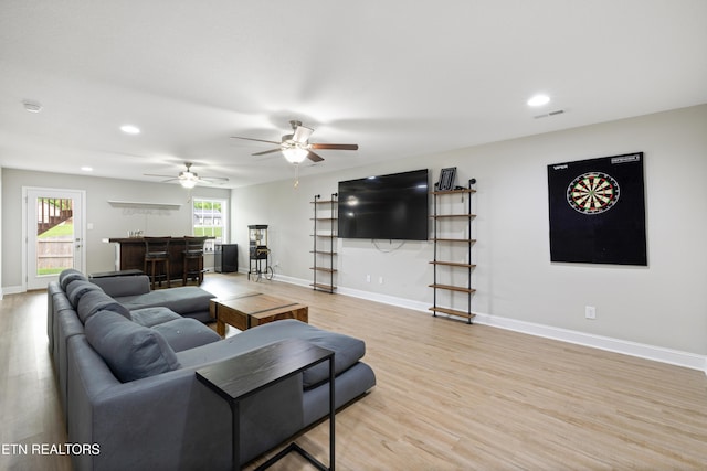 8104 Equinox Ln, Powell, TN 37849 - living room with a bar, light wood-type flooring, baseboards, recessed lighting, and a ceiling fan