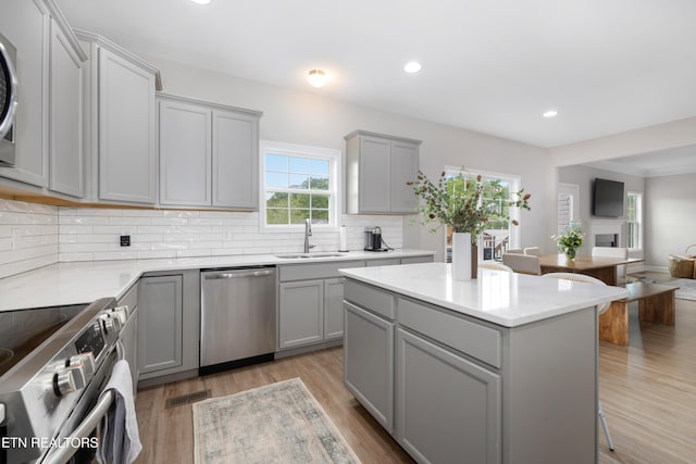 8104 Equinox Ln, Powell, TN 37849 - kitchen featuring gray cabinets, appliances with stainless steel finishes, a sink, open floor plan, and decorative backsplash