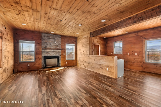 1108 Circle Pt, Gatlinburg, TN 37738 - unfurnished living room with wood-type flooring, healthy amount of natural light, a fireplace, wooden ceiling, and wooden walls
