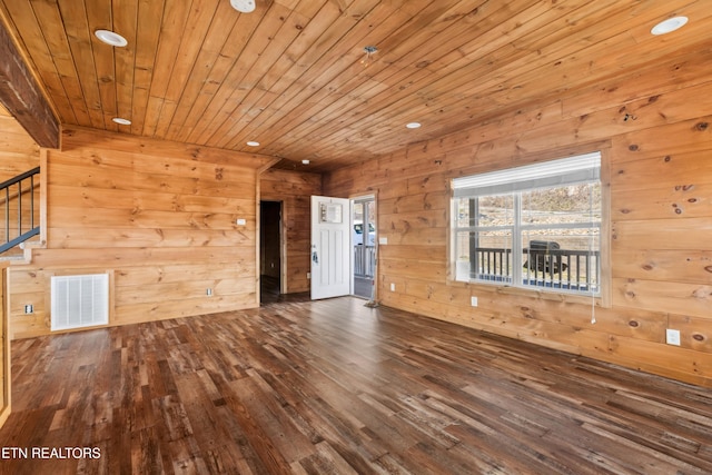 1108 Circle Pt, Gatlinburg, TN 37738 - unfurnished living room with wooden ceiling, hardwood / wood-style floors, wood walls, stairs, and recessed lighting
