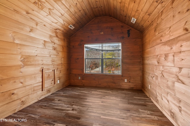 1108 Circle Pt, Gatlinburg, TN 37738 - unfurnished room featuring lofted ceiling, wood walls, dark wood-type flooring, and wood ceiling