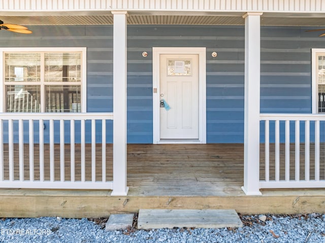 1108 Circle Pt, Gatlinburg, TN 37738 - property entrance featuring covered porch and ceiling fan