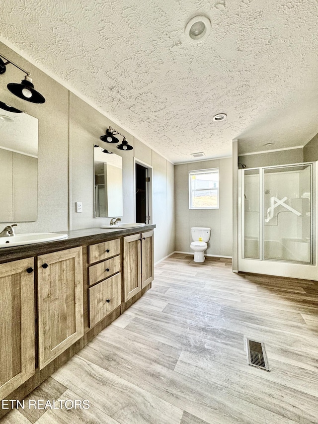 320 Perkey Way, Tazewell, TN 37879 - full bathroom featuring a textured ceiling, a stall shower, double vanity, toilet, and wood finished floors
