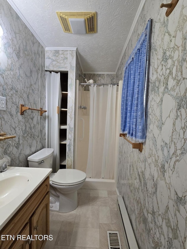 114 Verdun Rd, Oneida, TN 37841 - full bathroom featuring ornamental molding, a textured ceiling, vanity, a stall shower, and toilet