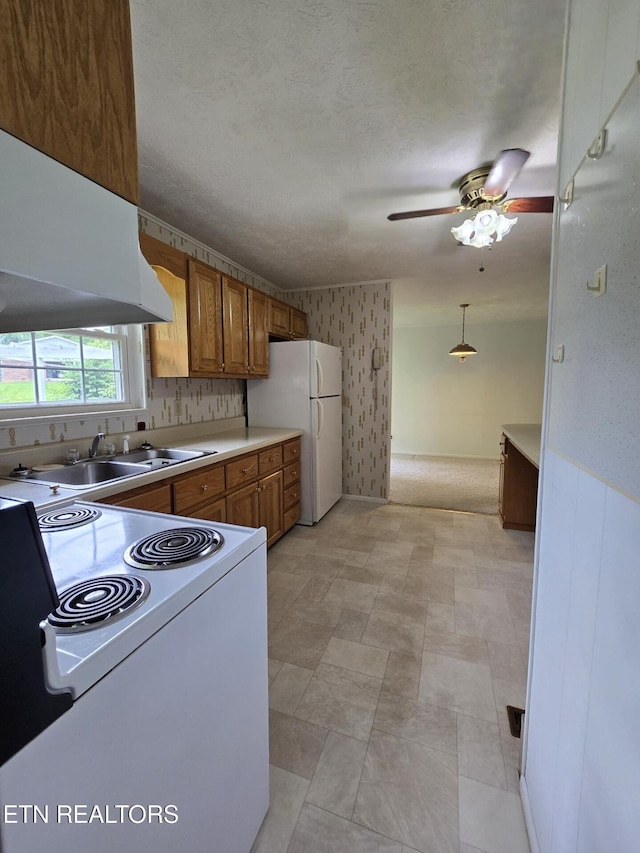 114 Verdun Rd, Oneida, TN 37841 - kitchen with white appliances, brown cabinets, under cabinet range hood, a sink, and a ceiling fan