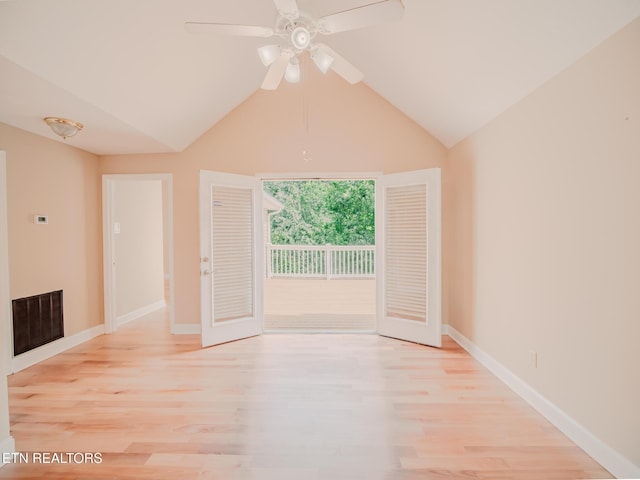 116 Deer Path Trl, Vonore, TN 37885 - empty room with ceiling fan, baseboards, light wood-type flooring, and vaulted ceiling