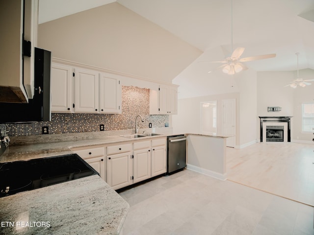 116 Deer Path Trl, Vonore, TN 37885 - kitchen with dishwasher, a sink, a ceiling fan, tasteful backsplash, and white cabinetry