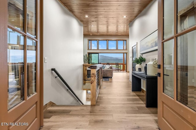 2634 Whipoorwill Hill Way, Sevierville, TN 37862 - hallway featuring an upstairs landing, light wood-type flooring, wooden ceiling, and recessed lighting