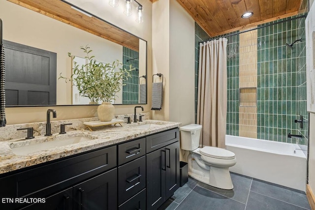 2634 Whipoorwill Hill Way, Sevierville, TN 37862 - bathroom featuring double vanity, wooden ceiling, tile patterned flooring, shower / bath combo, and recessed lighting